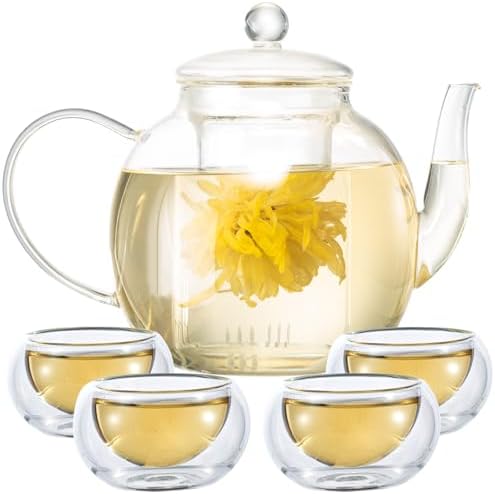 Glass Teapot Set with 4 Teacups, 1500 ml/50 oz Tea Pot with Infusers for Loose Tea and Flower Tea, Stovetop and Microwave Safe Borosilicate Glass Tea Kettle, Tea Gift Sets for Tea Lovers