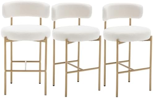 Gold Boucle Bar Stools Set of 3, 26" Modern Counter Stools with Backs, White Upholstered Barstools for Kitchen Island, Pub, Cafe
