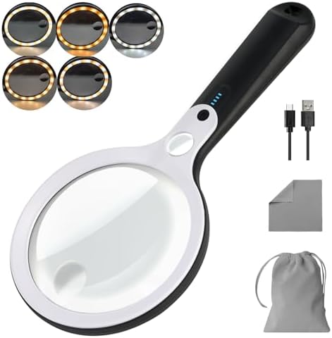 Magnifying Glass with 48 LED Light, 10X 20X 45X Handheld Illuminated Lighted Magnifier with 5 Light Modes Rechargeable Magnifying Glass for Seniors Reading Inspection (White & Black)