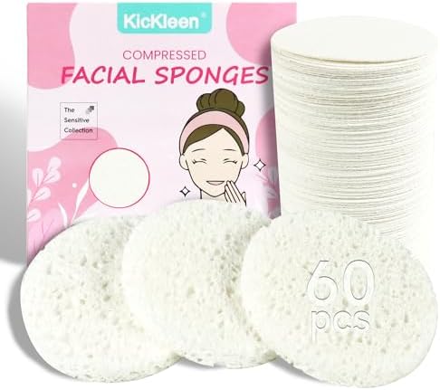 60-Count Compressed Facial Sponges|100% Natural Kickleen Cellulose Cosmetic Spa Sponges for Daily Facial Cleansing|Makeup And Mask Removal | Exfoliating | Skin Massage | Pore Exfoliation(White)