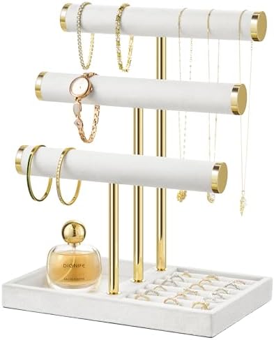 3 Tier Bracelet Holder Display - Detachable T Bar White Velvet Bracelet Holder, Jewelry Holder Organizer for Bracelet, Necklace, Watches, Rings