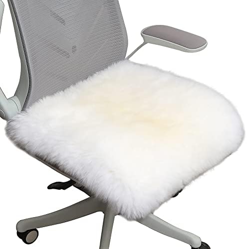 LLB Sheepskin Chair Cushion Non-Slip Back Square Genuine Fur Chair Cover Silky Natural Wool Seat Cushion Pad Soft Area Rugs Carpet for Home Office Restaurant Chair 18x18 Inch (Pack of 1), Ivory White
