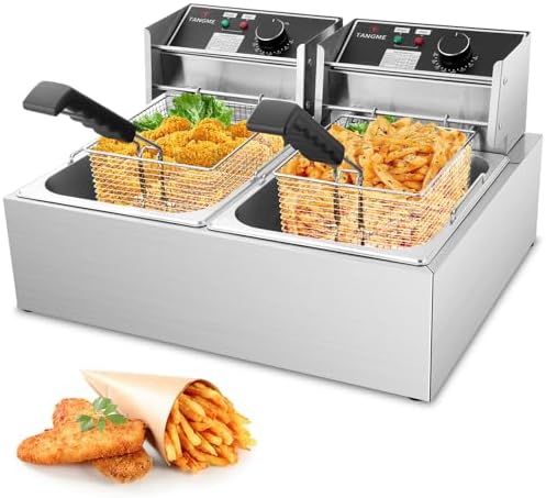 Commercial Deep Fryer - 3400W Electric Deep Fryers with 2x6.35QT Baskets 0.6mm Thickened Stainless Steel Countertop Oil Fryer 20.7QT Large Capacity with Temperature Limiter (12L)