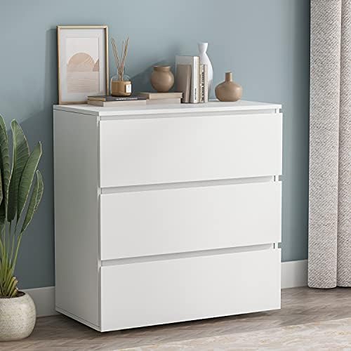 Homsee Modern 3-Drawer Dresser Chest, Wooden Dresser Tower with Wide Storage Space, Dresser Closet for Living Room Bedroom Hallway (White)