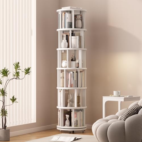 Solid Wood Rotating Bookshelf on Wheels, 6 Tier, Round Revolving Bookcase, 360Â° Spinning Book Shelf Tower for Kids, Narrow Rolling Bookshelves for Small Space, Corner, Bedroom, Office, White