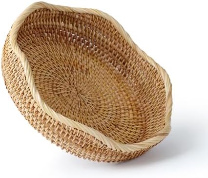 Rattan Bread Basket, Round Fruit Baskets, Scalloped Wicker Storage Bowls, Natural Woven Serving Basket Bowls, Decorative Baskets for Kitchen Counter Organizing, Gift Basket, 1 Pack, S Size
