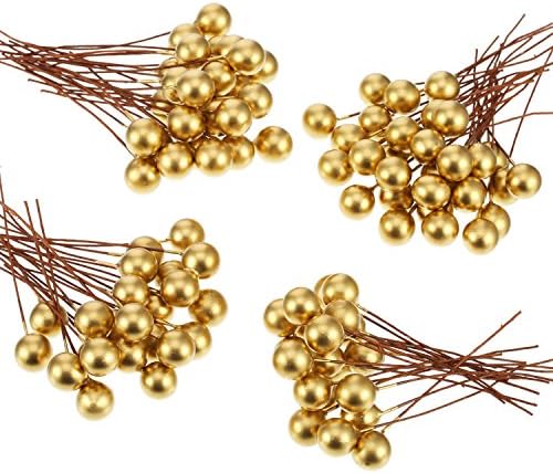 BBTO Artificial Holly Berries, 100 Pieces Mini 10 mm Fake Berries Decor on Wire for Christmas Tree Decorations Flower Wreath DIY Craft Use (Gold)