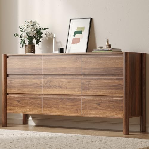 CHUWELL Dresser for Bedroom, 63" Wide Mid Century Modern Chest of Drawers with 9 Large Storage Space and 4 Solid Wood Cylindrical Legs, 9 Drawer Large Dresser for Bedroom(Walnut)