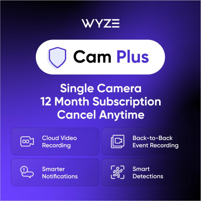 Wyze Security Plan - Cam Plus | 1 Camera | 12 Months Subscription. AI features | Smart Detection for Person, Pet, Package, Vehicle and Glass Break | Security Surveillance and Monitoring | Rolling 14 Days Event Video Recording | Activation Required | Cance