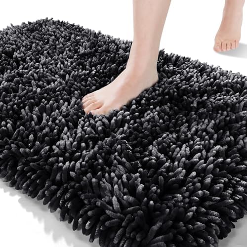Yimobra Bathroom Rug Mat 24 x 17, Soft and Absorbent Water Non Slip Chenille Bath Rug, Machine Washble Quick Dry Bath Mat, Shower Mat Outside Shower, Bathroom Home Decor Accessories, Black