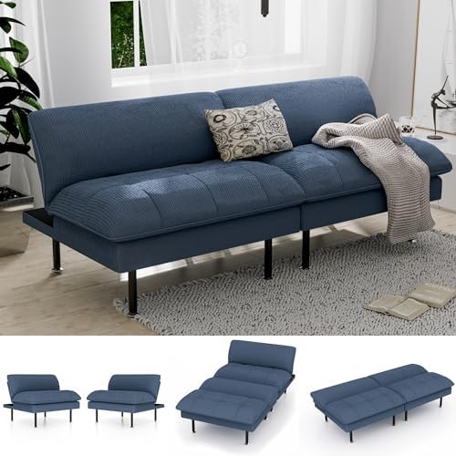 70" Futon Sofa Bed, 4 in 1 Multi-Function Couch Sleeper with Adjustable Backrest, Modern Convertible Futon, Recliner Small Loveseat for Living Room, Dorm, Blue