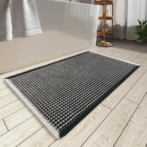 AMOAMI Upgraded Waffle Bath Mat, Super Absorbent Non Slip Bath Mats for Bathroom Floor, Machine Washable Bathroom Rugs with Tassels, Rubber Backed Bathroom Mats, Ultra Soft, 24" x 36",Black & Cream