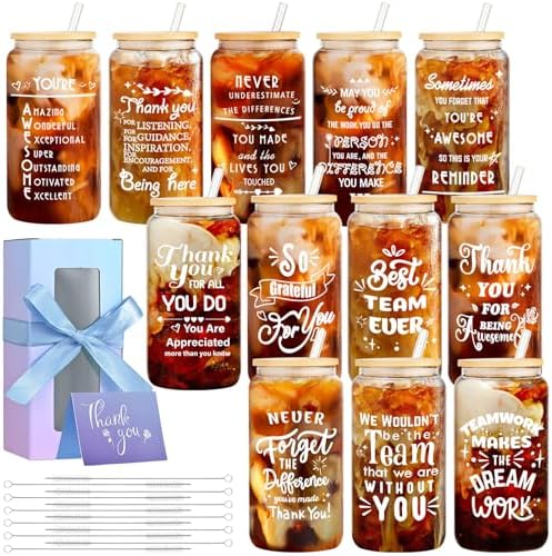 12 Set Employee Appreciation Gifts Bulk, Personalized Inspirational Thank You Gifts for Christmas Staff Coworker 16 oz Can Shaped Beer Glass Cups, Gift Box and Card for Team Women Men Teacher