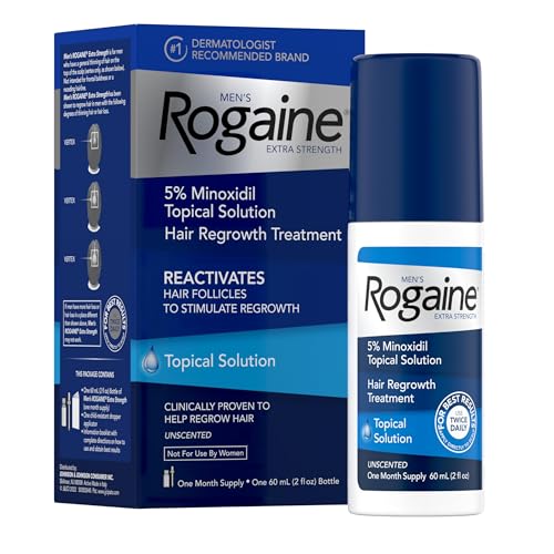 Men's Rogaine Extra Strength 5% Minoxidil Topical Solution for Hair Loss & Regrowth, Topical Treatment for Men, Unscented Minoxidil Follicle Booster Liquid, 1-Month Supply, 2 fl. oz