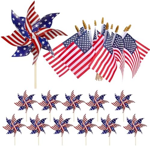 HOOSUN American Flags Patriotic Pinwheels,24 Pack Classroom American Flags Decorations Small USA Flags On Stick With Yard USA Pinwheels,Red White And Blue Decorations For Patriotic Party Supplies