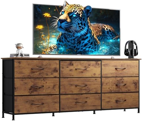 WLIVE 63''W Dresser for Bedroom, Dresser TV Stand for 65, 70, 75 inch TV, Wide Chest of Drawers with 9 Drawer, Large Entertainment Center, Fabric Dressers with Wood Top for Living Room, Rustic Brown