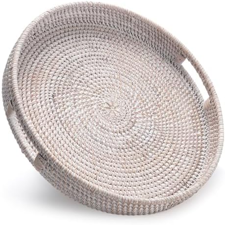 13.8 inch Round Rattan Tray, Decorative Coffee Table Tray, Ottoman Tray, Woven Serving Tray with Handles, Wicker Serving Basket, Whitewash