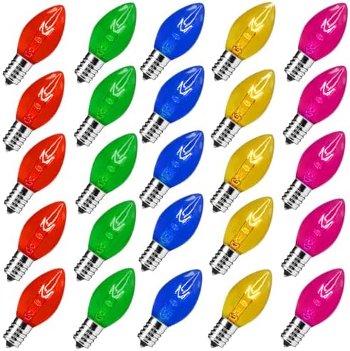 25 Pack C7 Christmas Replacement Light Bulbs, C7 Clear Multi-Color Christmas Lights for Christmas Outdoor Patio Indoor String Lights, C7/E12 Candelabra Base, 5 Watt