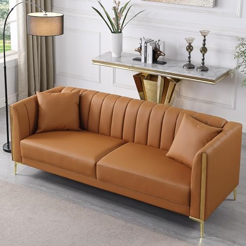 FOTOSOK 78'' Couch Sofa, Modern Leather Couches for Living Room, Comfy, Faux Leather Sofa 3 Seater Sofa with 2 Throw Pillows and Gold Metal Legs, Deep Seat Sofas (Brown)