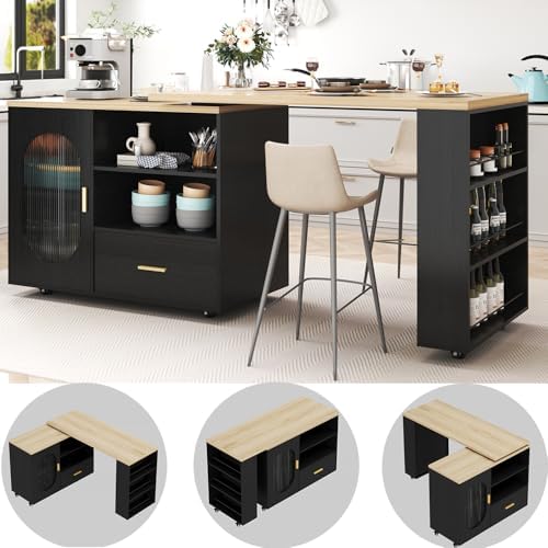 HSH 72" Rolling Kitchen Island with Seating, 360° Swivel Table, Kitchen Island with Storage Cabinet, Drawer & Shelves, Farmhouse Mobile Island Cart on Wheels for Dining Room & Home Bar, Black Oak