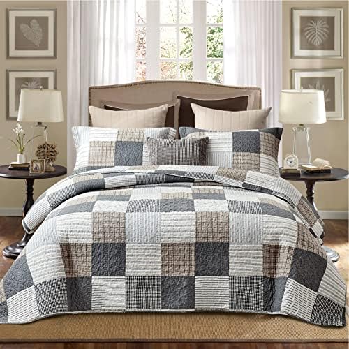 PANGUSHAN 100% Cotton Quilt Set King Size,Patchwork Plaid Bedding Bedspreads,Farmhouse Lightweight Comforter Reversible Quilt,White/Gray/Grey/Tan/Black/Cream Bed Spread King,3 Pieces