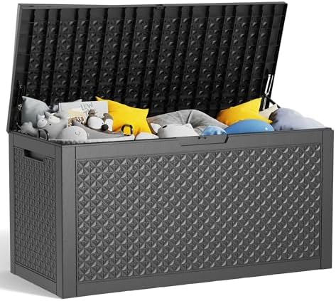 100 Gallon Resin Deck Box, Lockable Patio Outdoor Storage Box for Furniture, Garden Tools and Tools Storage, Waterproof Outside Storage Boxes - Patterned black