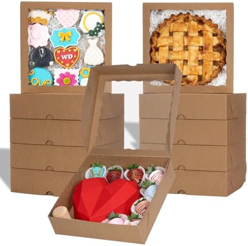 50pcs 9x9x2.5 Inch Brown Bakery Boxes with Window, Pie, Cookies, Chocolate Covered Strawberries, Breakable Heart, Charcuterie Boxes for Christmas