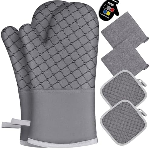 6 Pcs Oven Mitts and Pot Holders, 500℉ Heat Resistant Oven Mitts with Kitchen Towels Soft Cotton Lining and Non-Slip Silicone Surface Safe for Baking, Cooking, BBQ (Grey)