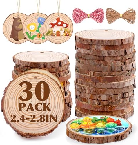 30 Pack Wood Slices for Crafts,2.4-2.8In Unfinished Natural Wood Rounds with Tree Bark.Wood Circles Predrilled with Hole and 20m Rope for Centerpiece Table Decorations,Christmas Ornaments,DIY Gifts