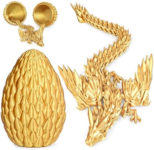 3D Printed Dragon Eggs with Articulated Fly Dragon Inside, Collectible Figurines Fidget Toy for Adults Kids Birthday Easter Christmas White Elephant Gifts for Friends Colleagues(Gold, M size)