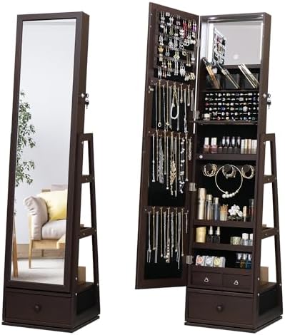 Swivel Full Length Mirror Jewelry Cabinet Standing With Built-In Mirror - 63.7”H Lockable Storage Jewelry Armoire With Mirror Drawers 3 Storage Racks Christmas Gift for Women Brown