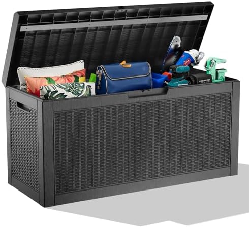 ROJIK Outdoor Storage Housing Deck Box,Waterproof Patio Furniture, Garden Tools, Cushions, Pool Accessories Storage Bench with Lockable Lid and Side Handles (Black,60 Gallon)