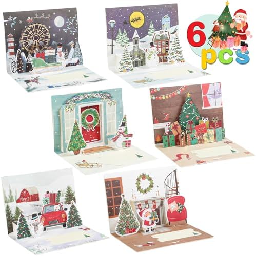 3D Pop Up Christmas Greeting Cards, 6 Pack Xmas Gift Cards with Envelopes Santa Elk Snowman Holiday Cards for Christmas Season Kids and Family Greetings