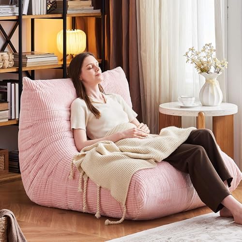 Bean Bag Chair for Adults - Large Bean Bag Chairs, Memory Foam Bean Bag with High-Rebound, Oversized Corduroy Boneless Chair, Lazy Floor Sofa for Reading Gaming Living Room Bedroom, Pink