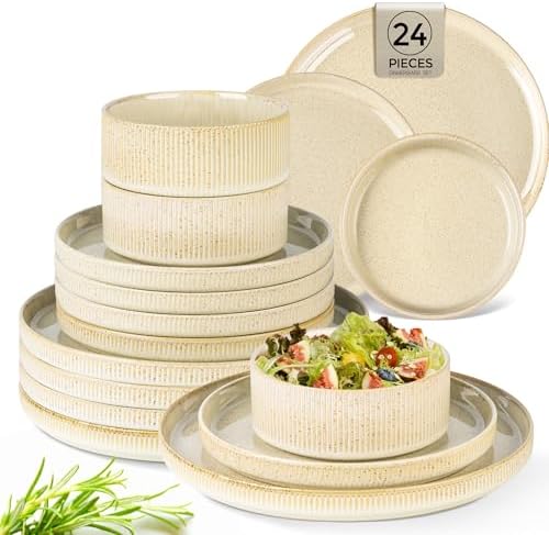 TheTerra Ceramic Dinnerware Sets for 8, 24 Pieces Porcelain Lightweight Plates and Bowls Sets, Scratch Resistant Dish Set, Oven & Microwave & Dishwasher Safe, Cappuccino