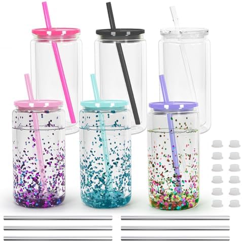 16 oz Acrylic Snow Globe Tumbler Snow Globe Cups Double Wall Snowglobe Tumbler with Pre Drilled Hole Clear Plastic Cups with Colorful Lids and Straws for Iced Coffee Boba Juice Soda 6 Pack