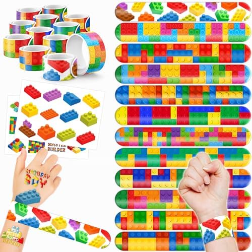 48PCS Building Block Party Favors - 24PCS Tattoos & 24PCS Slap Bracelets - Birthday Party Supplies, Classroom Prizes, Carnival Gifts, Christmas Decorations for Boys & Girls