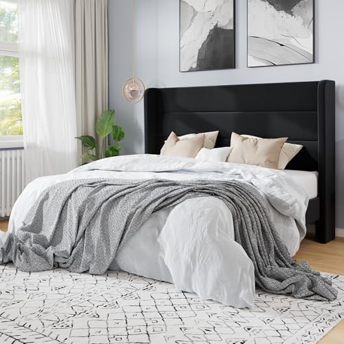 SHA CERLIN Queen Size Velvet Bed Frame/Vertical Channel Tufted Wingback Headboard/Upholstered Platform Bed with Wooden Slats/Mattress Foundation/No Box Spring Needed/Easy Assembly/Black