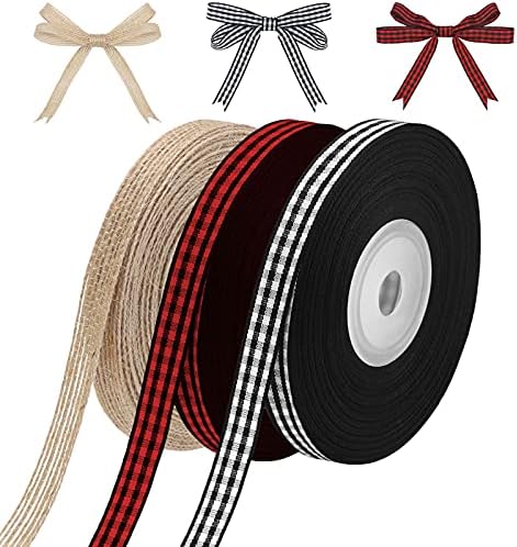 Christmas Ribbons Black Red Buffalo Plaid Fabric Ribbon Black and White Checked Gingham Ribbon 25 Yards Natural Burlap Ribbons Rustic Wrapping Ribbon for DIY Craft Party Decor (0.4 Inch)