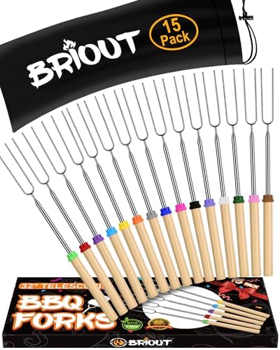 Briout Extendable Stainless Steel Roasting Sticks - Smores Sticks for Fire Pit Long 32 Inch, Smore Skewers Hot Dog Fork Campfire Accessories, Camping Essentials for S'mores - 15 Pack