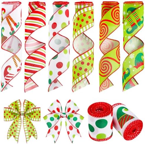 6 Rolls 30 Yards Christmas Wired Edge Ribbon Elf Hats and Legs Multi Dots Swirl Diagonal Stripe Ribbon Home Party Bows Decor for Xmas Tree Wreath Gift Wrapping DIY Crafts, 2.5 Inch (Stylish Style)