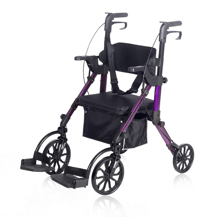 Elenker 2 in 1 Rollator Walker & Transport Chair, Folding Wheelchair Rolling Mobility Walking Aid with Seat Belt, Padded Seat and Detachable Footrests for Adult, Seniors (Purple)