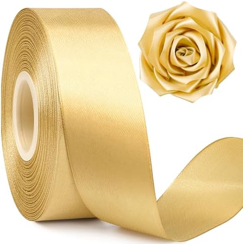 1-1/2 Inch Wide Champaign Gold Satin Ribbon, 50 Yards Solid Polyester Fabric Ribbon for Roses Making, Gift Wrapping, Christmas, Wedding Decorations, Crafts, Bows