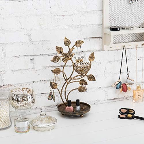 MyGift 14-Inch Bronze-Tone Tree & Bird Nest Earring Stand Jewelry Tower with Ring Trinket Organizing Tray