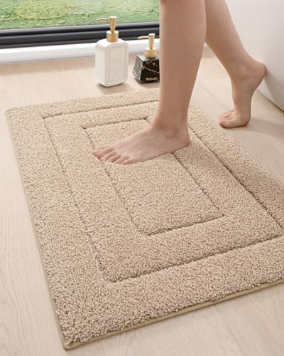 DEXI Bathroom Rug 32x20, Non Slip Washable Bath Mat for Shower Floor, Absorbent Soft Bathmat with Rubber Backing, Quick Dry Microfiber Carpet, Beige