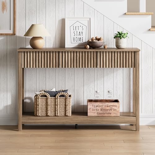 Treocho 47" Console Table with Drawers, Fluted Narrow Entryway Table with Open Shelf, Farmhouse Sofa Table Behind Couch for Hallway, Living Room, Brown Walnut