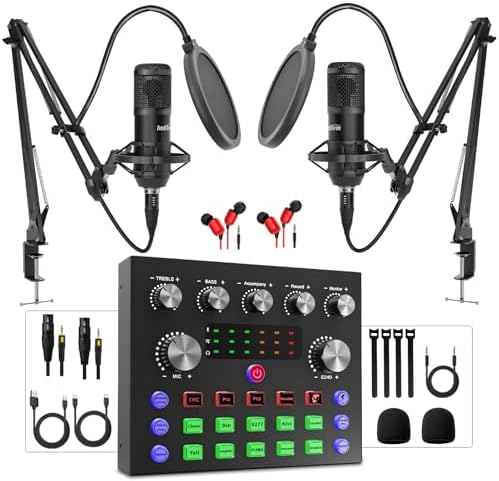 Podcast Equipment Bundle for 2, Audio Interface with Podcast Condenser Microphone, Voice Changer, DJ Mixer for Streaming, Podcast Recording, Gaming, TikTok, PC, Smartphone