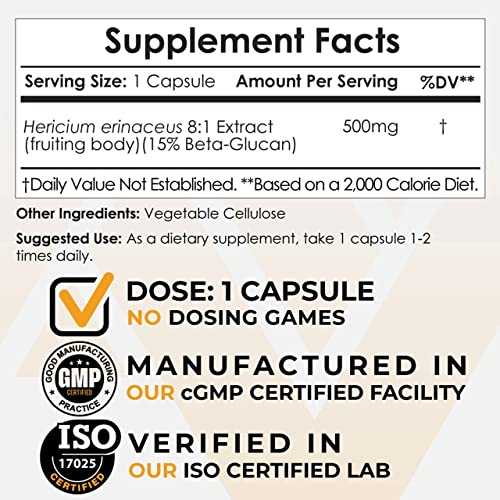 Nootropics Depot Lions Mane Mushroom Capsules | 8:1 Whole Fruiting Body Dual Extract | 500mg | 60 Count | Hericium erinaceus