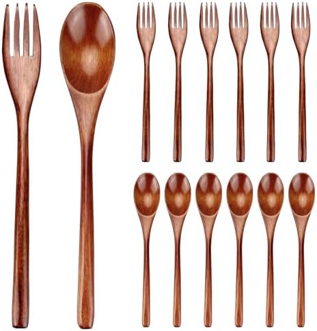 12 Pieces Wooden Forks and Spoons for Eating Utensil Set Lunch Wooden Cutlery Japanese Silverware Sets Flatware Reusable Bamboo Small Utensils Korean Mini Wooden Spoon Fork Set