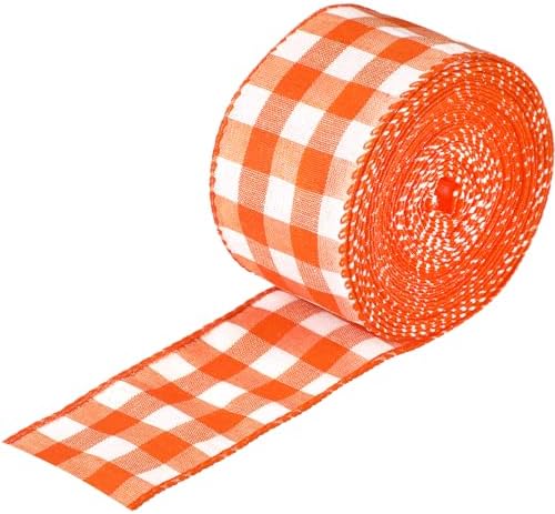 2 Inch 6.5 Yards Thanksgiving Christmas Buffalo Plaid Ribbons Rolls Wired Edge Gingham Ribbon for Crafts Bow Making Floral Wreath Garland Supplies(Orange and White)